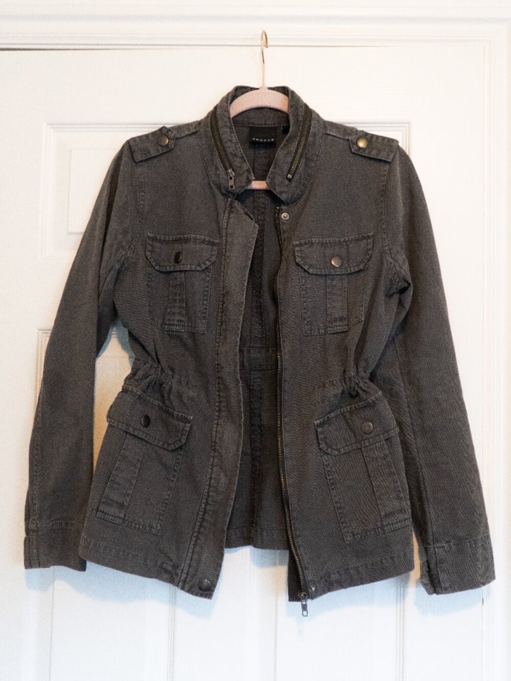 Charcoal Gray Canvas Military Utility Jacket Cinch Waist Women's S